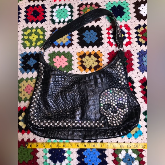 KurtMen design Black Rhinestone Skull textured Handbag Purse Halloween Luxury - Picture 6 of 15